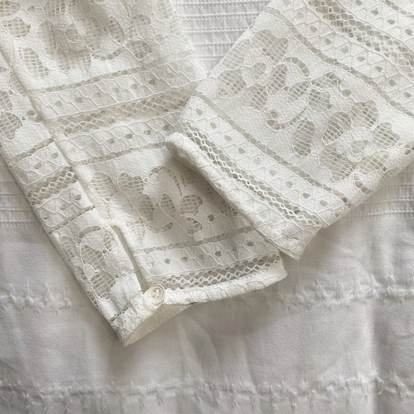 SANDRO HAMIA WHITE OPEN SHEER LACE MOCK NECK LONG SLEEVE SHOULDER PAD TOP - M - Picture 8 of 9